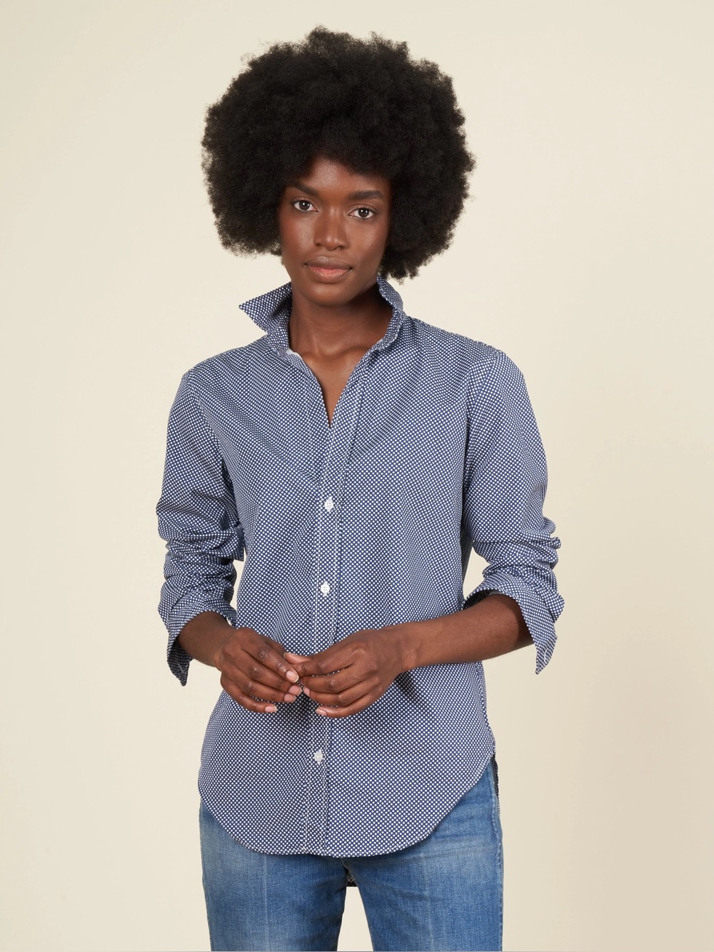 Frank & Eileen Eileen Navy Polka Dot Linen Button Down Shirt Large